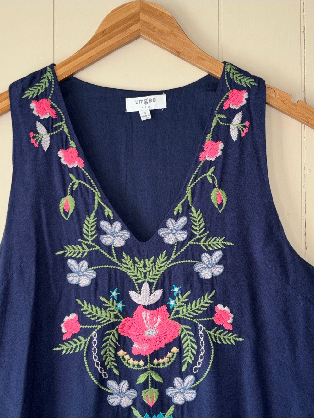 Umgee Navy V-Neck Dress with Pink & Green Floral Embroidery